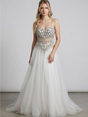 Baluchi White beaded Sweatheart bodice Full Tule formal gown wedding prom dress